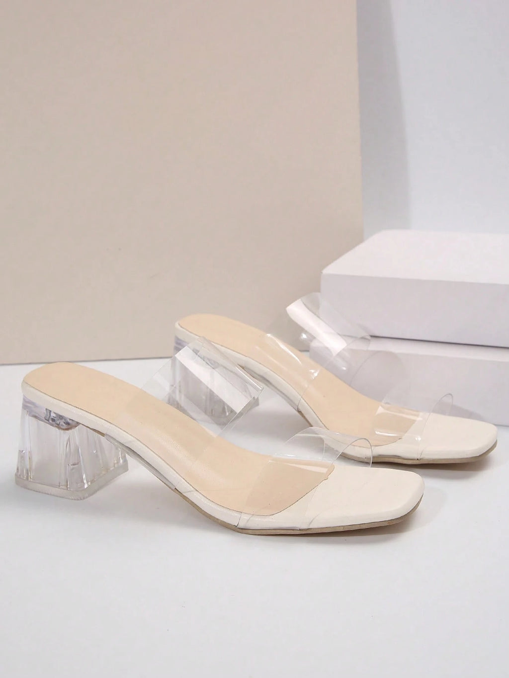 Elegant white women's high-heeled sandals—square toe, sturdy heel, strap, formal shoes for all seasons, stiletto heel