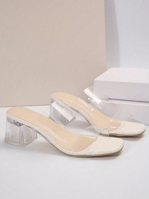 Elegant white women's high-heeled sandals—square toe, sturdy heel, strap, formal shoes for all seasons, stiletto heel