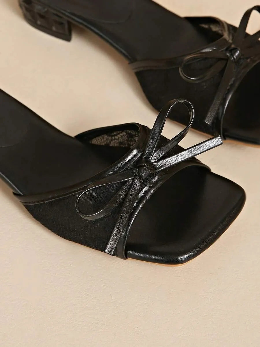 Square-Toe Mesh Sandals—Versatile stiletto-heeled toe-ring sandals for women